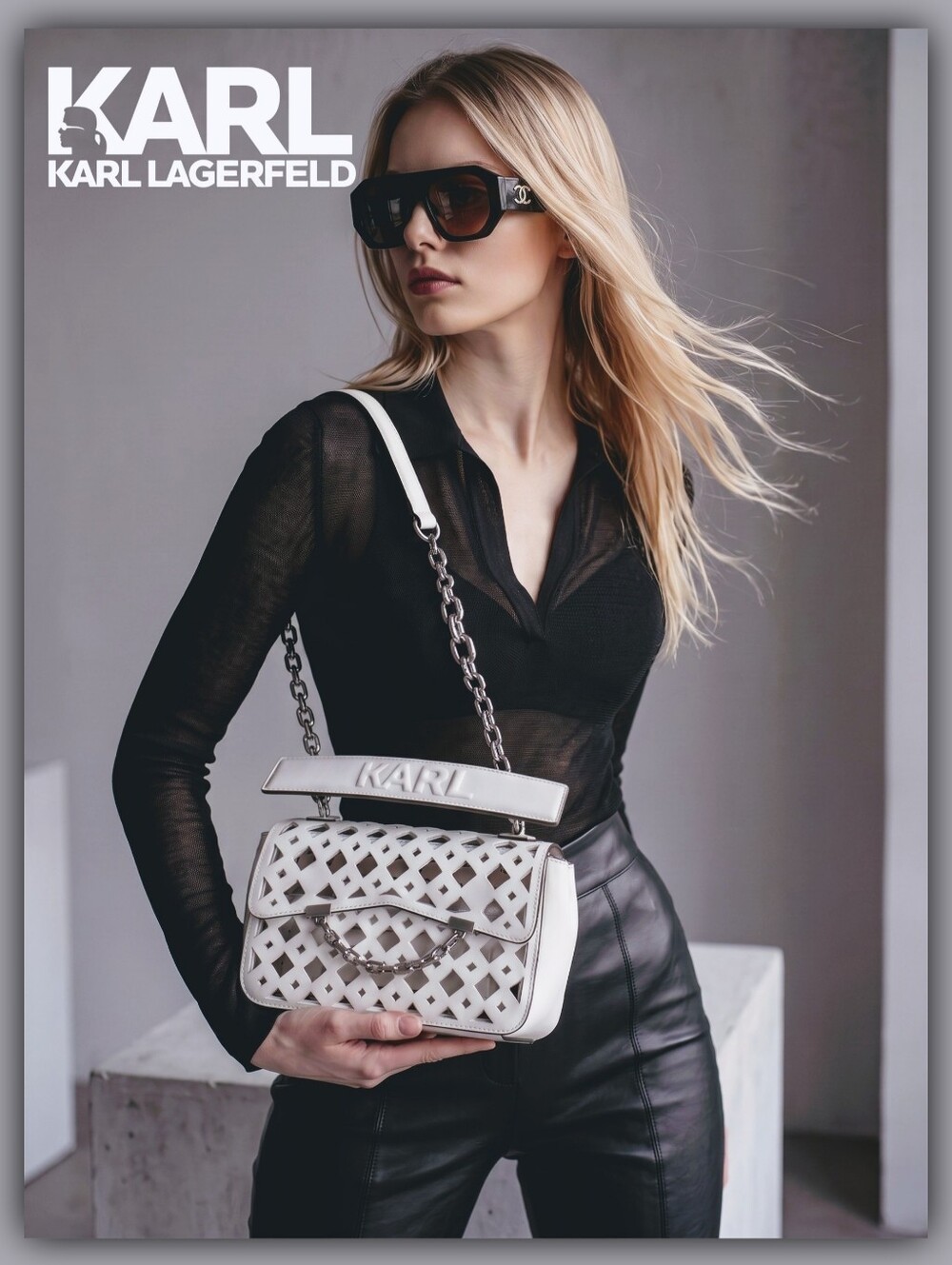 NWT KARL LAGERFELD Karl 7 Laser Cut Bag Chain Crossbody Strap Faux Leather Vegan